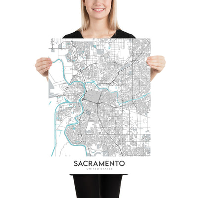 Moderner Stadtplan von Sacramento, Kalifornien: Innenstadt, Midtown, East Sac, Sac State, American River
