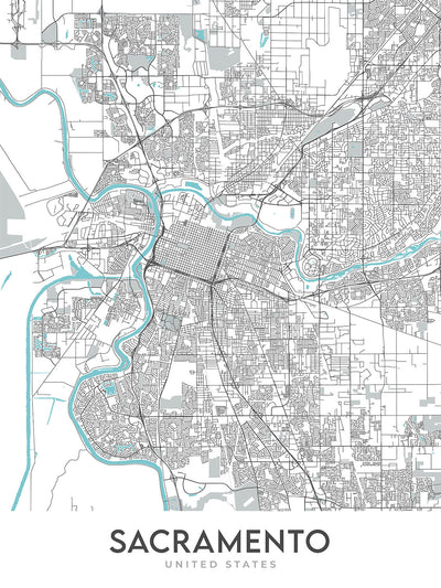 Plan de la ville moderne de Sacramento, Californie : centre-ville, Midtown, East Sac, Sac State, American River