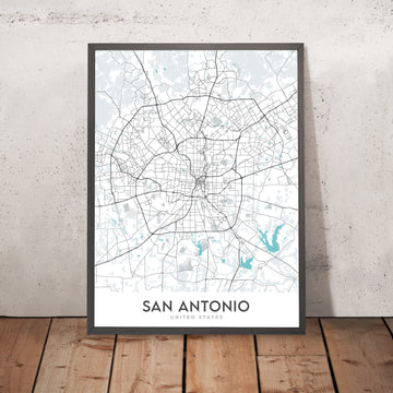 Mappa della città moderna di San Antonio, TX: Alamo, River Walk, AT&T Center, Centro città, I-35 