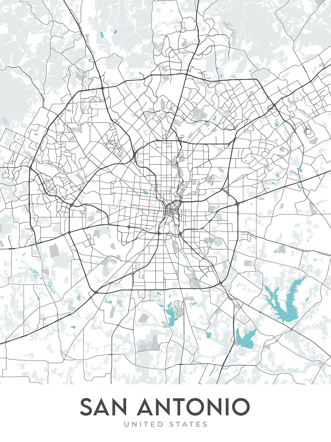 Moderner Stadtplan von San Antonio, TX: Alamo, River Walk, AT&T Center, Downtown, I-35