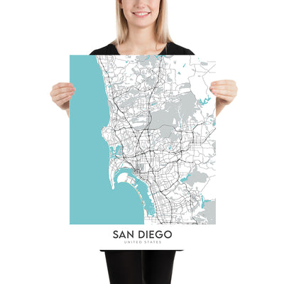 Plan de la ville moderne de San Diego, Californie : Balboa Park, Gaslamp Quarter, La Jolla, Mission Beach, Pacific Beach