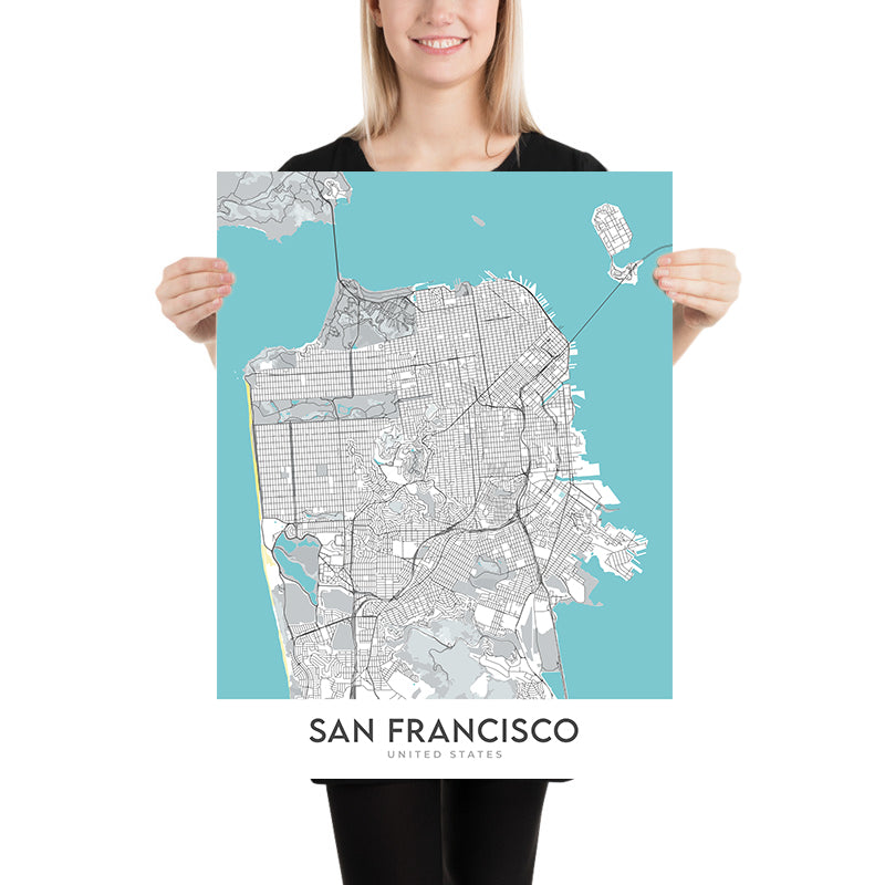 Plan de la ville moderne de San Francisco, Californie : Golden Gate Bridge, Fisherman's Wharf, Alcatraz, Chinatown, Presidio