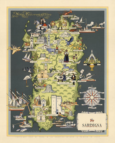 Old Pictorial Map of Sardinia by De Agostini, 1938: Cagliari, Sassari, Nuoro, Oristano, Olbia