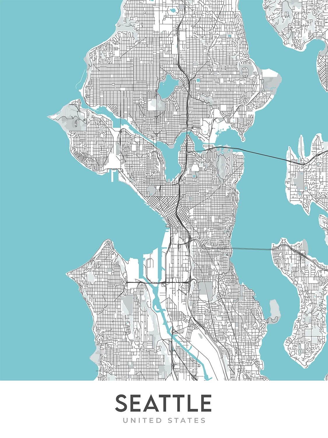 Moderner Stadtplan von Seattle, WA: Capitol Hill, Queen Anne, Belltown, Pike Place Market, Space Needle