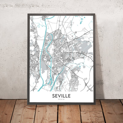 Mapa moderno de la ciudad de Sevilla, España: Triana, Catedral, Alcázar, Plaza de España, Río Guadalquivir