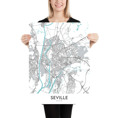 Modern City Map of Seville, Spain: Triana, Cathedral, Alcázar, Plaza de España, Guadalquivir River