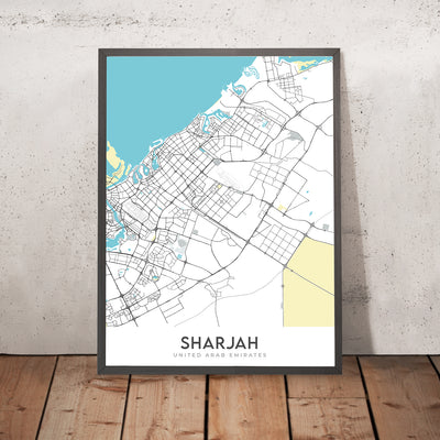 Plan de la ville moderne de Sharjah, Émirats arabes unis : mosquée Al Noor, Al Qasba, front de mer d'Al Majaz, Université de Sharjah, Université américaine de Sharjah