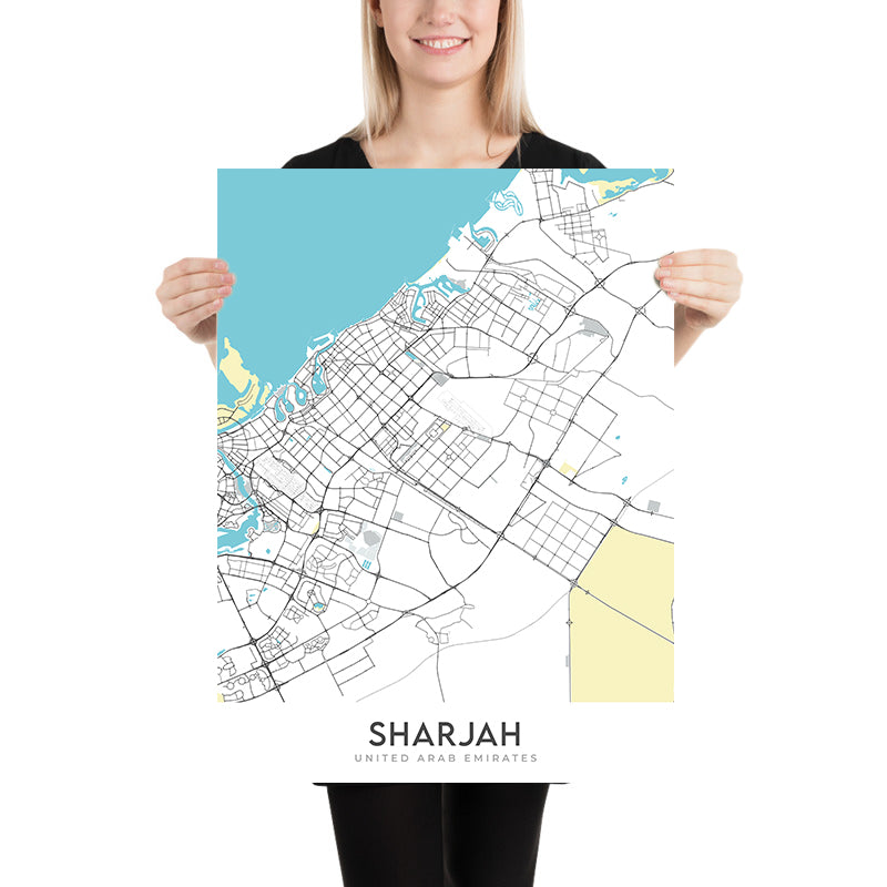 Mapa moderno de la ciudad de Sharjah, Emiratos Árabes Unidos: Mezquita Al Noor, Al Qasba, Paseo marítimo de Al Majaz, Universidad de Sharjah, Universidad Americana de Sharjah