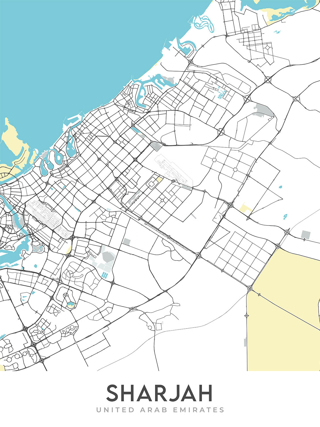 Mapa moderno de la ciudad de Sharjah, Emiratos Árabes Unidos: Mezquita Al Noor, Al Qasba, Paseo marítimo de Al Majaz, Universidad de Sharjah, Universidad Americana de Sharjah