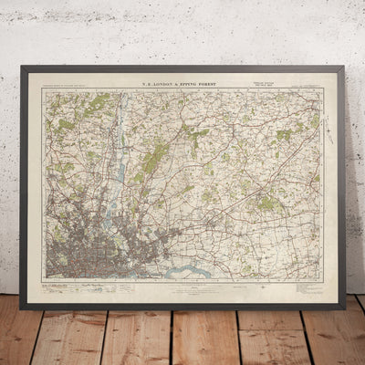 Mapa de Old Ordnance Survey, hoja 107 - NE de Londres y Epping Forest, 1925: Brentwood, Romford, West Ham, Enfield, Finchley
