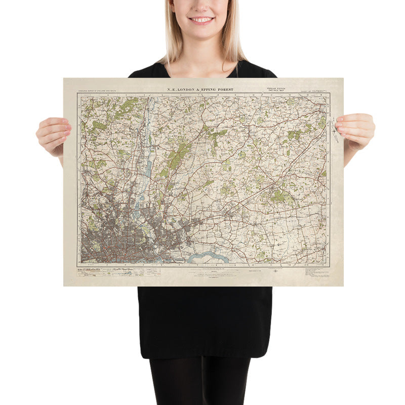 Old Ordnance Survey Map, Blatt 107 – NE London & Epping Forest, 1925: Brentwood, Romford, West Ham, Enfield, Finchley