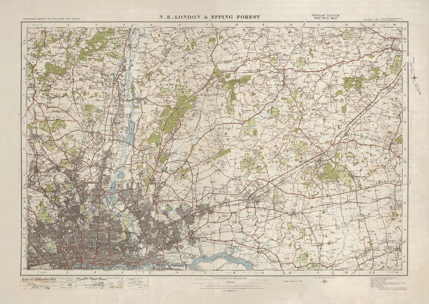 Mapa de Old Ordnance Survey, hoja 107 - NE de Londres y Epping Forest, 1925: Brentwood, Romford, West Ham, Enfield, Finchley