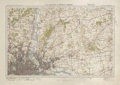Carte de l'Old Ordnance Survey, feuille 107 - NE de Londres et forêt d'Epping, 1925 : Brentwood, Romford, West Ham, Enfield, Finchley