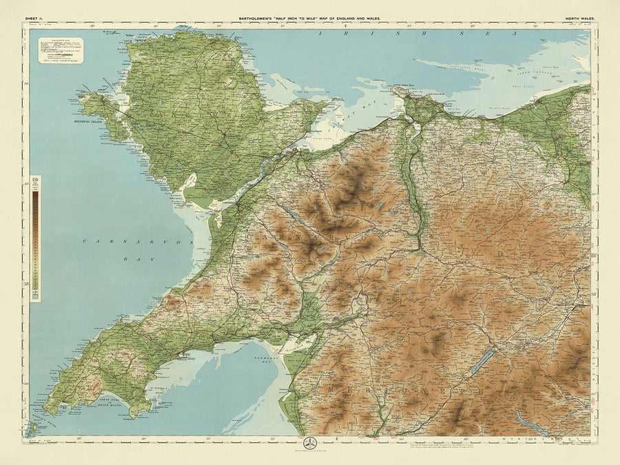 Ancienne carte OS du nord du Pays de Galles par Bartholomew, 1901 : Snowdon, Caernarfon, Llandudno, détroit de Menai, Conwy, Anglesey 