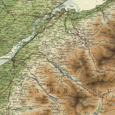 Ancienne carte OS du nord du Pays de Galles par Bartholomew, 1901 : Snowdon, Caernarfon, Llandudno, détroit de Menai, Conwy, Anglesey 