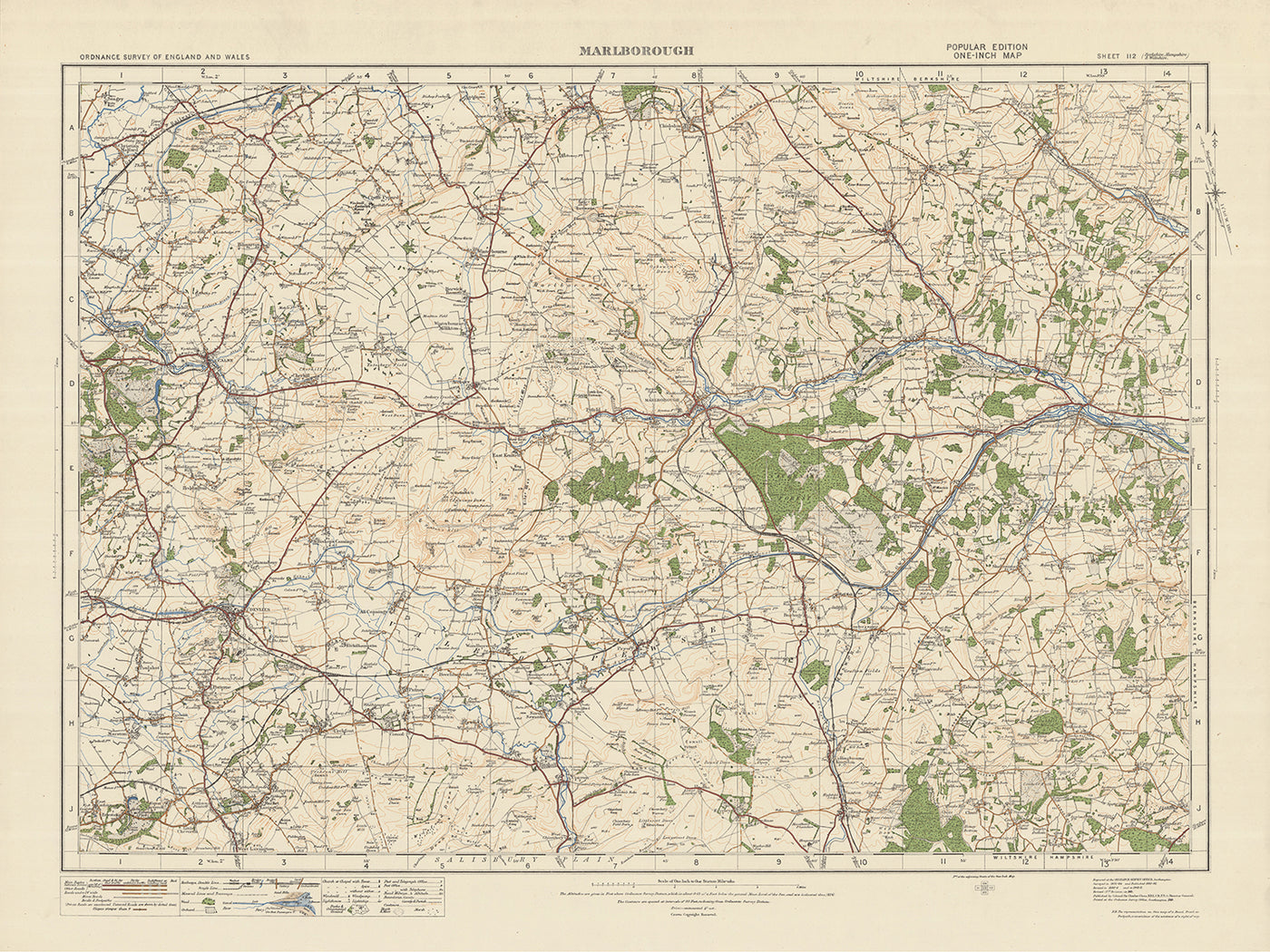 Mapa de Old Ordnance Survey, hoja 112 - Marlborough, 1925: Calne, Devizes, Hungerford, Lambourn, North Wessex Downs AONB