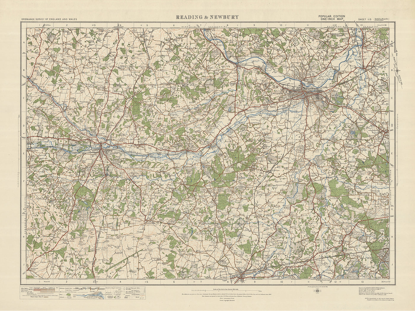 Mapa de Old Ordnance Survey, hoja 113 - Reading & Newbury, 1925: Wokingham, Basingstoke, Fleet, Kingsclere, Tadley