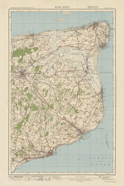 Carte Old Ordnance Survey, feuille 117 - East Kent, 1925 : Canterbury, Douvres, Folkestone, Broadstairs, Kent Downs AONB