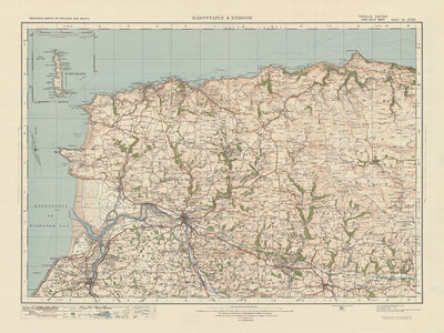 Carte Old Ordnance Survey, feuille 118 - Barnstaple & Exmoor, 1925 : Bideford, Ilfracombe, South Molton, Lundy Heritage Coast et North Devon AONB