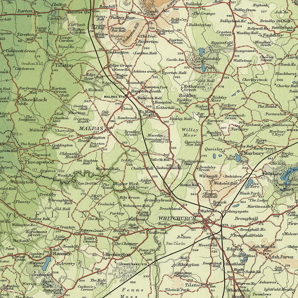 Antiguo mapa OS de Cheshire por Bartholomew, 1901: Chester, río Mersey, Dee, Clwydian Range, Beeston Castle
