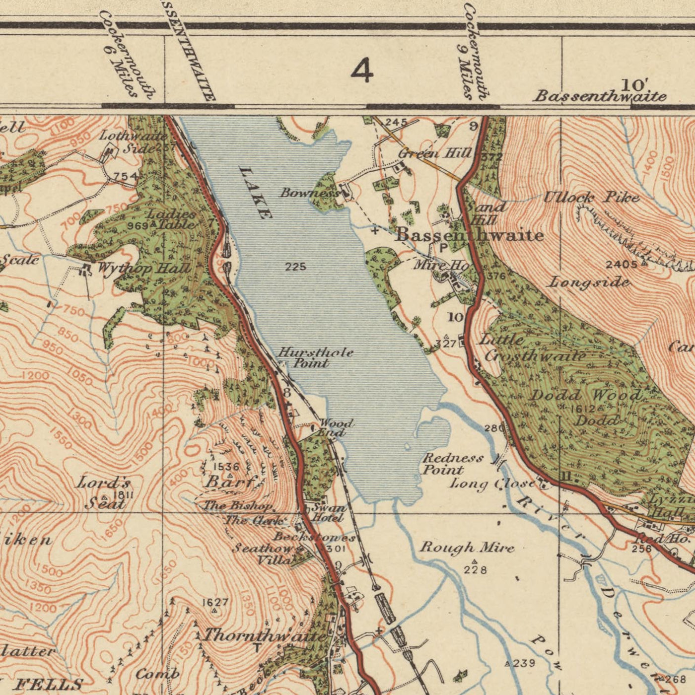 Ancienne carte de l'Ordnance Survey, feuille 12 - Keswick & Ambleside, 1925 : Buttermere, Lac Windermere, Derwent Water, Ullswater, Lake District