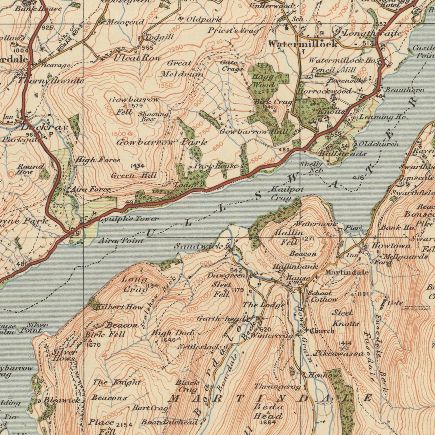 Ancienne carte de l'Ordnance Survey, feuille 12 - Keswick & Ambleside, 1925 : Buttermere, Lac Windermere, Derwent Water, Ullswater, Lake District
