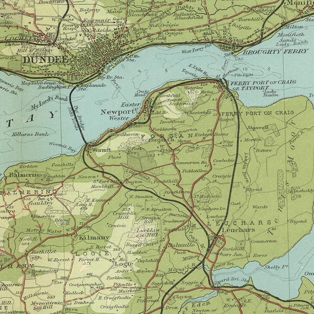 Old OS Map of Perth & Dundee, Scotland by Bartholomew, 1901: Angus, Pe ...