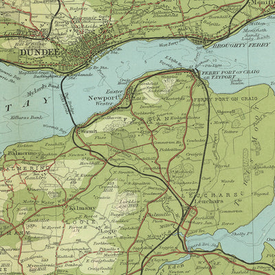 Antiguo mapa OS de Perth y Dundee, Escocia por Bartolomé, 1901: Dundee, Perth, río Tay, lago Leven, palacio de Scone, colinas de Ochil
