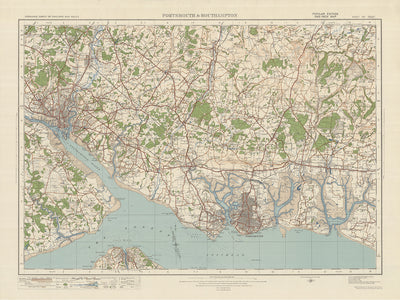 Carte Old Ordnance Survey, feuille 132 - Portsmouth et Southampton, 1925 : Eastleigh, Fareham, Havant, Hayling Island, Chichester Harbour AONB