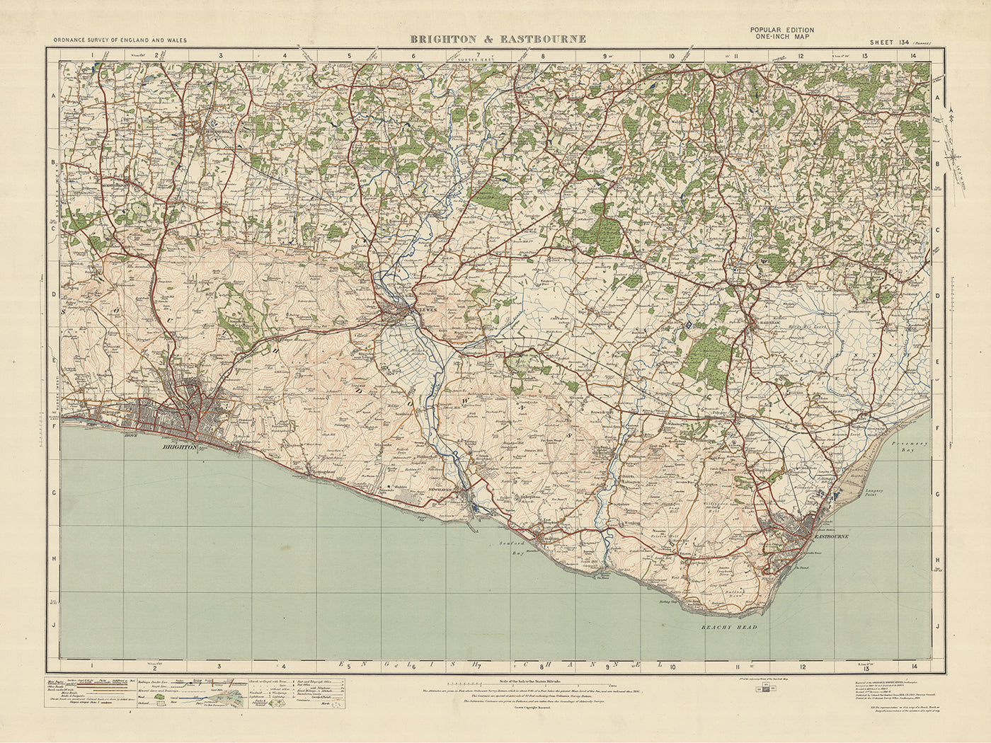 Carte Old Ordnance Survey, feuille 134 - Brighton et Eastbourne, 1925 : Lewes, Newhaven, Burgess Hill, Hassocks, Hailsham