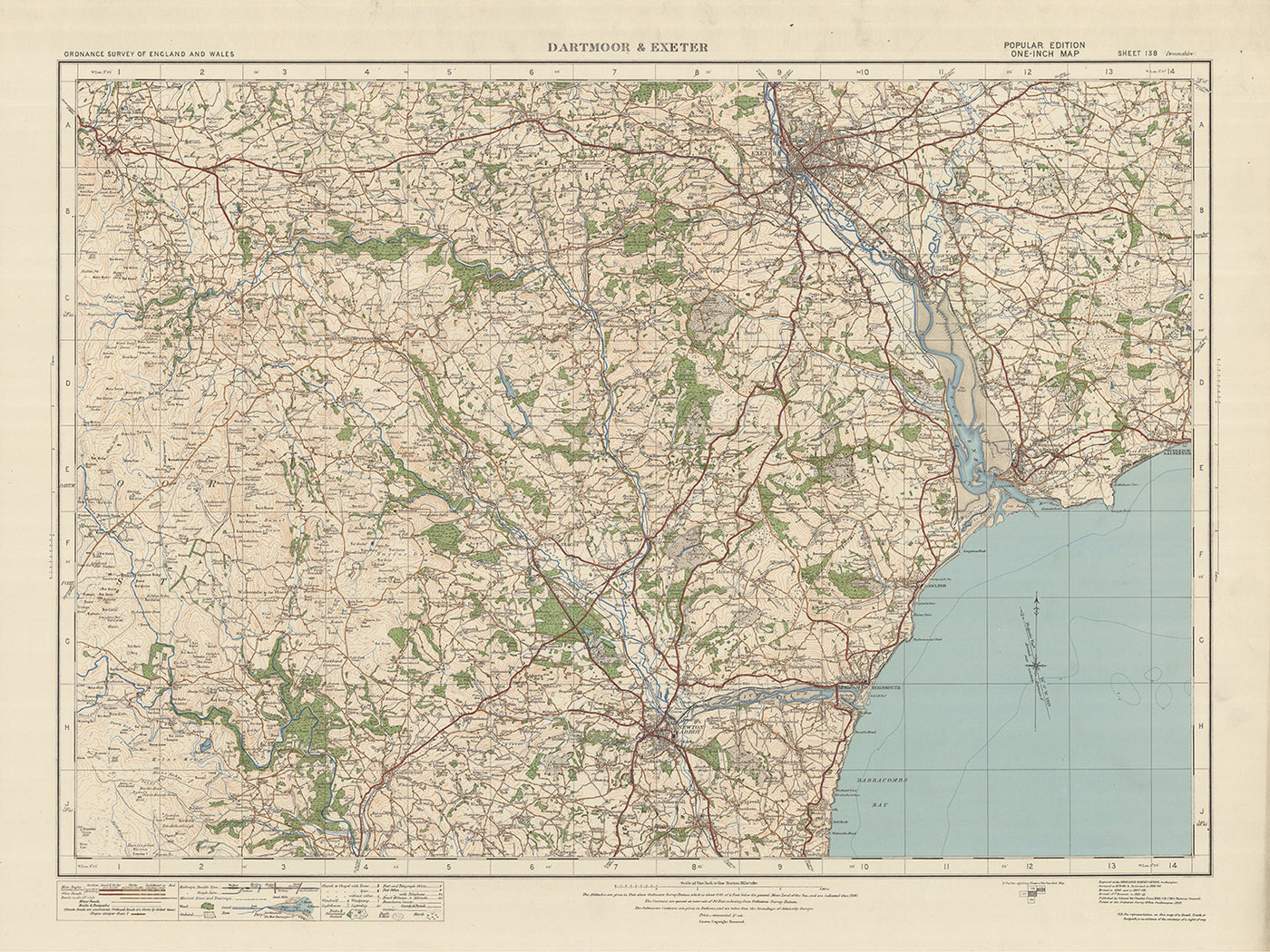 Carte Old Ordnance Survey, feuille 138 - Dartmoor et Exeter, 1925 : Exmouth, Teignmourth, Dawlish, Newton Abbot, Budleigh Salterton