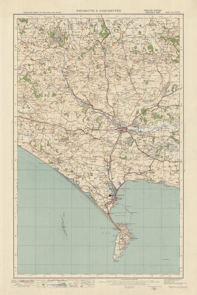 Mapa de Old Ordnance Survey, hoja 140 - Weymouth y Dorchester, 1925: Cerne Abbas, Puddletown, Abbotsbury, Isla de Portland, Dorset AONB