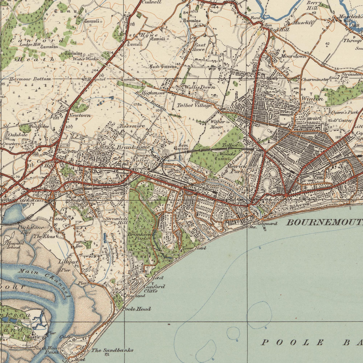 Alte Ordnance Survey-Karte, Blatt 141 - Bournemouth & Swanage, 1919-1926: Poole, Christchurch, Wareham, Poole Harbour, Isle of Purbeck, Corfe Castle 