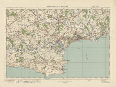 Ancienne carte de l'Ordnance Survey, feuille 141 - Bournemouth & Swanage, 1919-1926 : Poole, Christchurch, Wareham, port de Poole, île de Purbeck, Corfe Castle