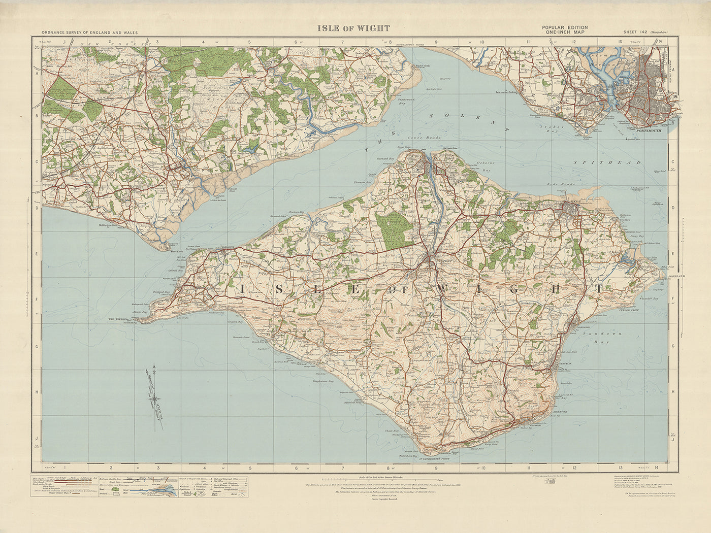 Antiguo mapa Ordnance Survey, hoja 142 - Isla de Wight, 1919-1926: Portsmouth, Newport, Ryde, Cowes, Gosport, Castillo de Carisbrooke, The Needles, Osborne House