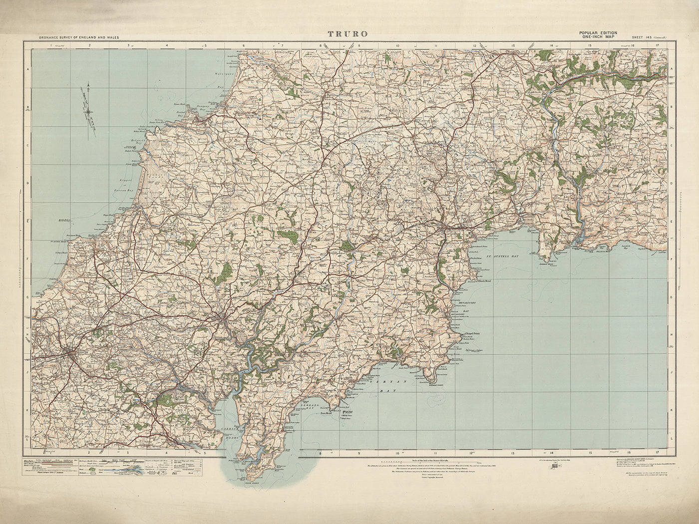 Ancienne carte de l'Ordnance Survey, feuille 143 - Truro, 1919-1926 : Newquay, St Austell, Roche, Bodmin, River Fal, Carn Brea Hill et Goss Moor