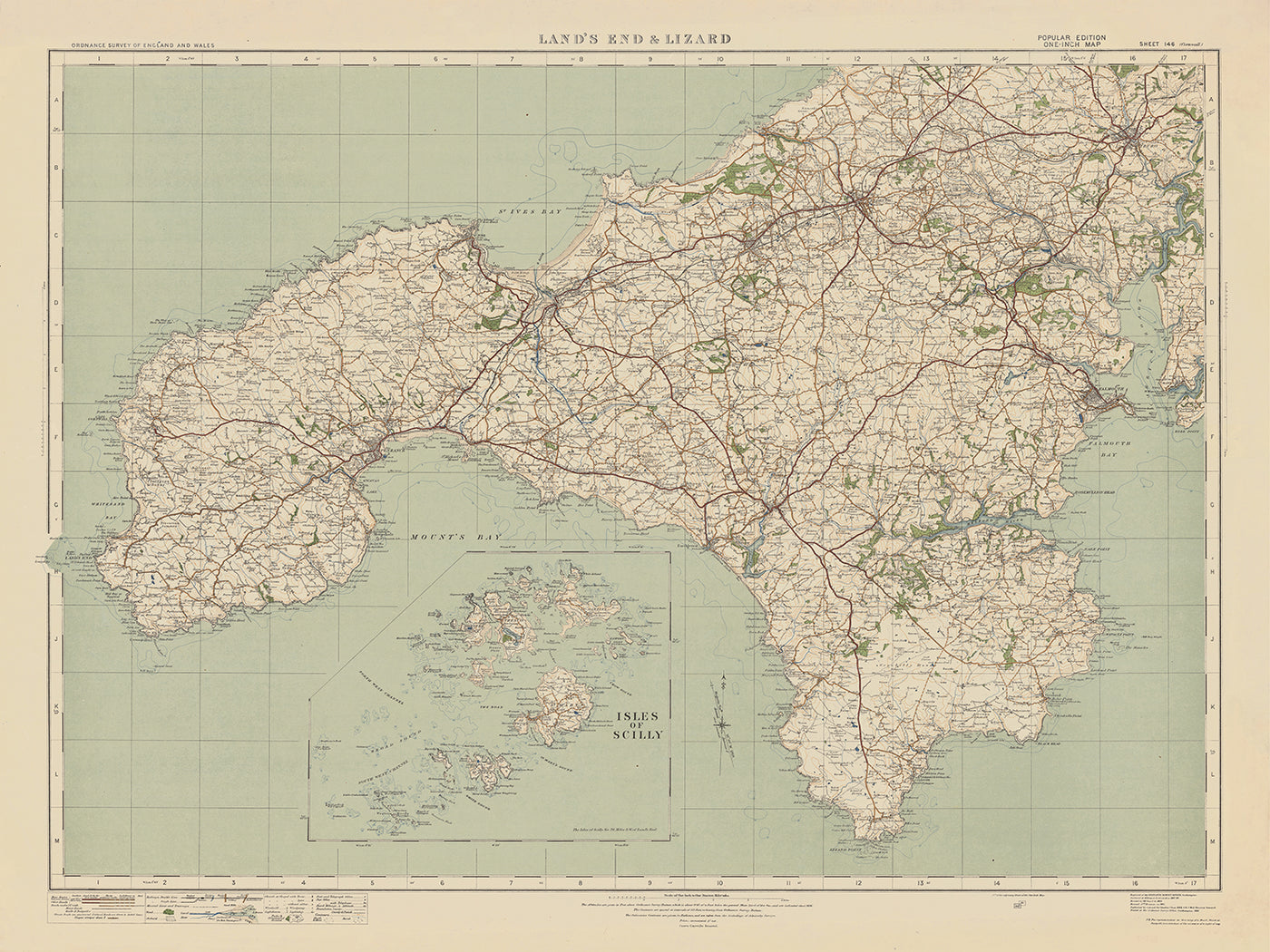 Ancienne carte de l'Ordnance Survey - Feuille 146 Lands End & Lizard, 1919-1926 : Truro, Falmouth, St Ives, Penzance, Helston, St Michael's Mount, Lizard Point