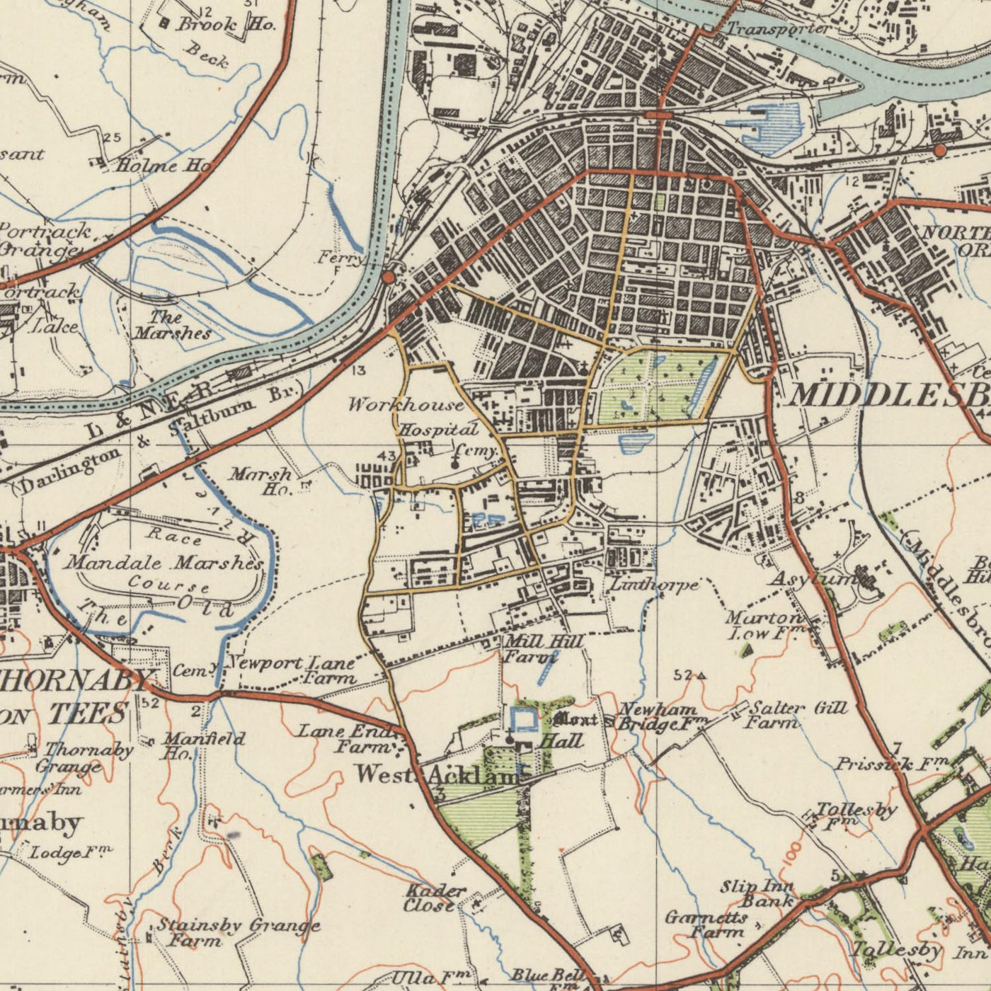 Mapa antiguo de Ordnance Survey, hoja 15 - Middlesbrough & Hartlepool, 1925: Durham, Thornaby, Seaton Carew, Darlington, Stockton-on-Tees