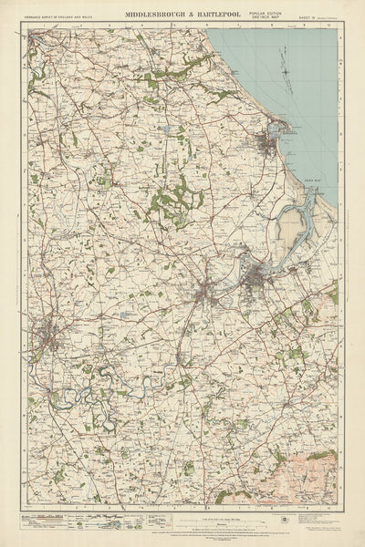Ancienne carte de l'Ordnance Survey, feuille 15 - Middlesbrough & Hartlepool, 1925 : Durham, Thornaby, Seaton Carew, Darlington, Stockton-on-Tees