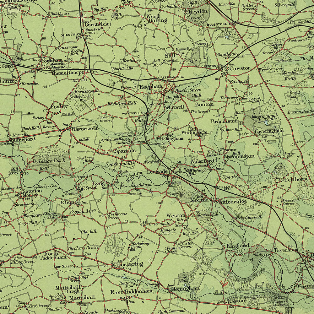 Antiguo mapa OS de Norfolk por Bartholomew, 1901: Norwich, Great Yarmouth, Thetford Forest, River Yare, Sandringham House, Blakeney Point