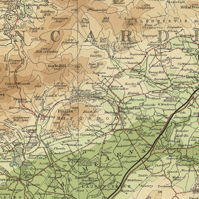 Ancienne carte OS d'Aberdeen et Deeside, Aberdeenshire par Bartholomew, 1901 : Aberdeen, rivière Dee, Bennachie, château de Dunnottar, Loch de Skene, côte de la mer du Nord