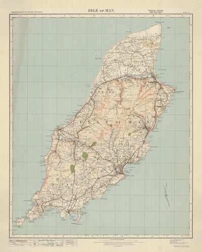 Ancienne carte de l'Ordnance Survey, feuille 17 - Île de Man, 1925 : Douglas, Peel, Castletown, Ramsey, Port Erin
