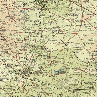 Antiguo mapa OS de Birmingham, Leicester por Bartholomew, 1901: Birmingham, Leicester, River Trent, Cannock Chase, Bosworth Field, Kenilworth Castle