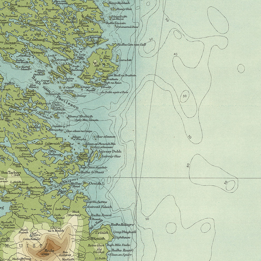 Ancienne carte OS de North & South Uist, Hébrides extérieures par Bartholomew, 1901 : Lochmaddy, Hecla, Benbecula, Sound of Harris, Lochboisdale, Beinn Mhor