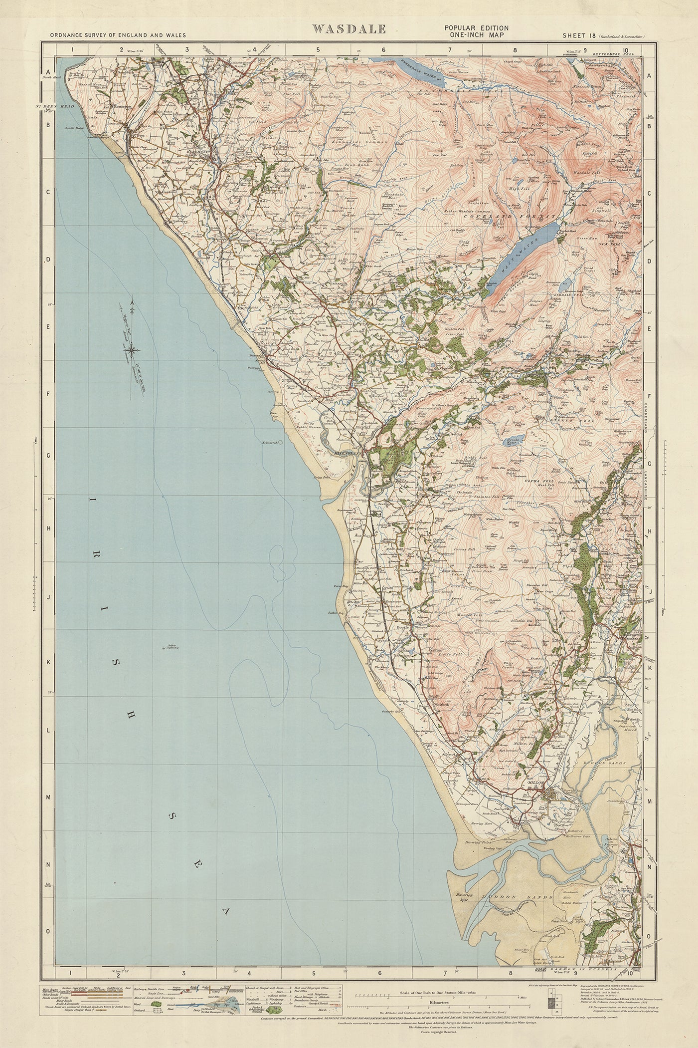 Antiguo mapa de Ordnance Survey, hoja 18 - Wasdale, 1925: Egremont, Ravenglass, Millom, Scafell Pike, Parque Nacional del Distrito de los Lagos
