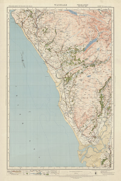 Ancienne carte de l'Ordnance Survey, feuille 18 - Wasdale, 1925 : Egremont, Ravenglass, Millom, Scafell Pike, Lake District National Park