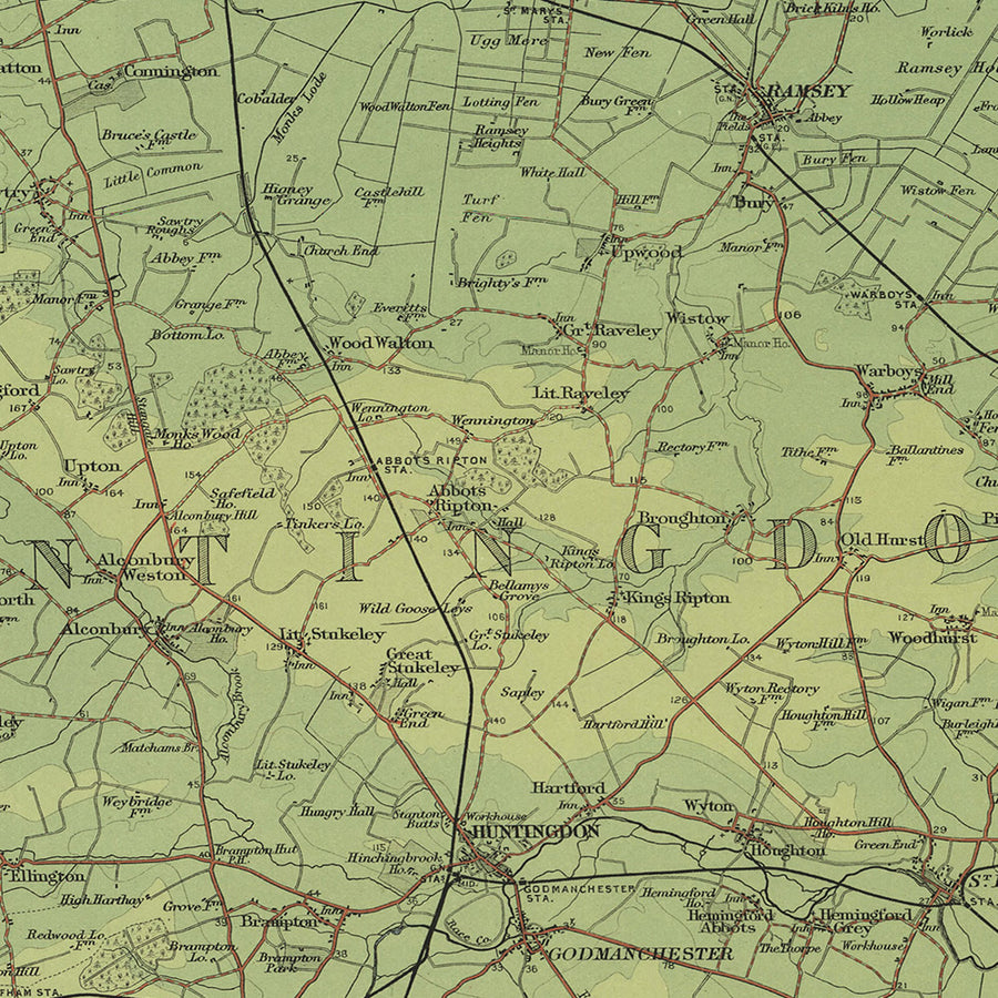 Mappa antica di Cambridge, Huntingdon di Bartholomew, 1901: St Neots, St Ives, Ely, Fiume Great Ouse, The Fens, Grafham Water 