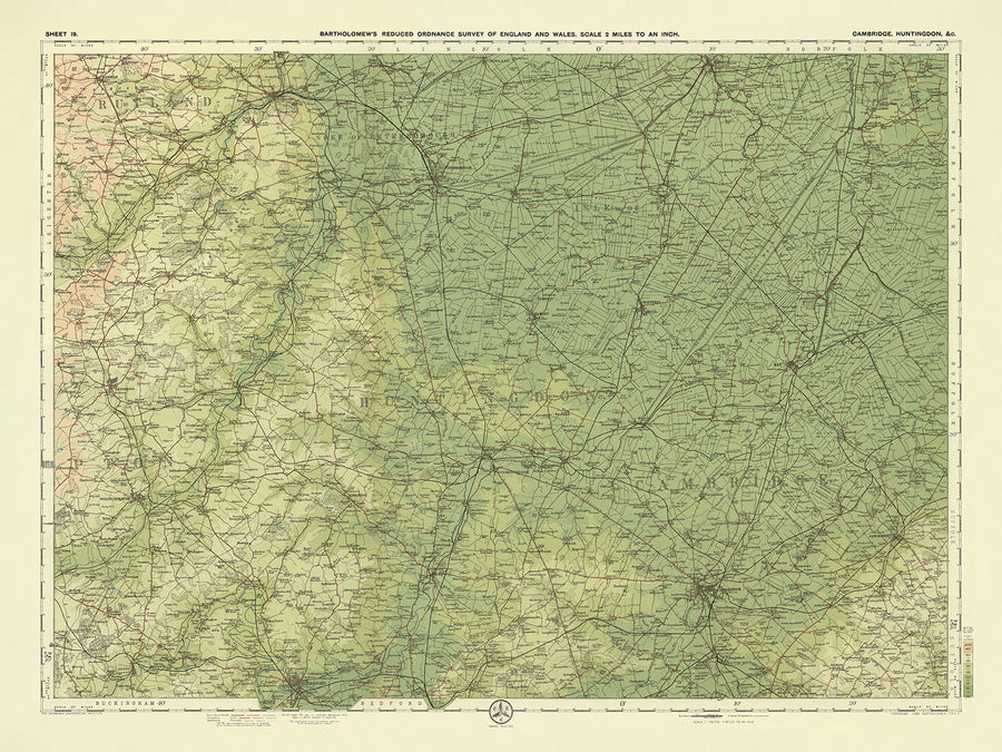 Mappa antica di Cambridge, Huntingdon di Bartholomew, 1901: St Neots, St Ives, Ely, Fiume Great Ouse, The Fens, Grafham Water 