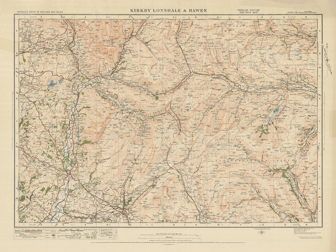 Ancienne carte de l'Ordnance Survey, feuille 20 - Kirkby Lonsdale & Hawes, 1925 : Ingleton, Sedbergh, Askrigg, Parc national des Yorkshire Dales