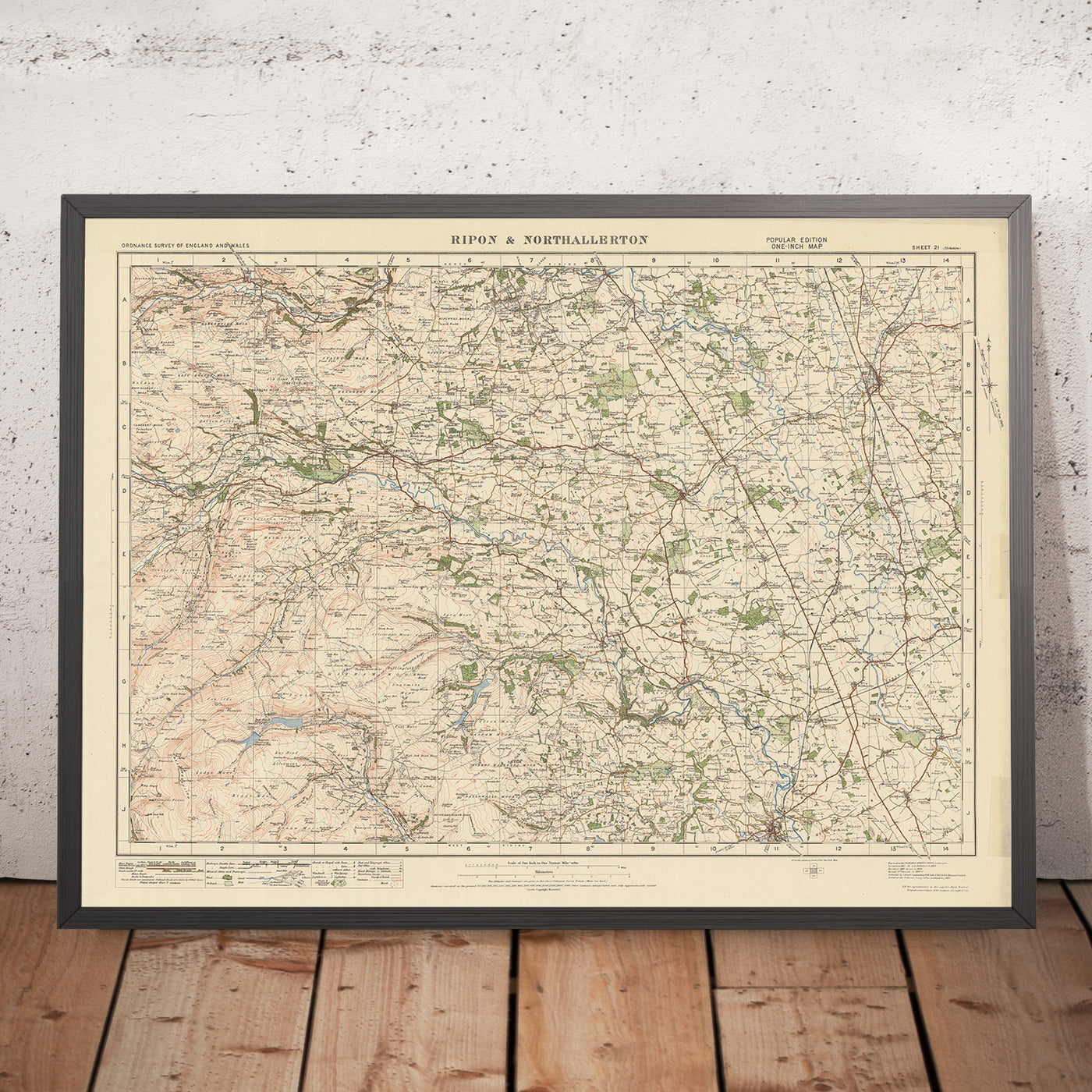 Mapa antiguo de Ordnance Survey, Hoja 21 - Ripon & Northallerton, 1925: Leyburn, Masham, Bedale, Bolton Castle, Nidderdale AONB